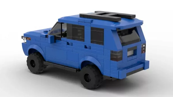 LEGO Toyota 4Runner TRD Pro 19 scale brick model in blue color on white background rear view angle