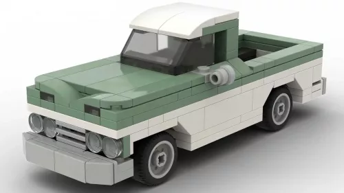 LEGO Chevrolet Apache 10 60 scale brick model in two tone white and sand green paint scheme on white background
