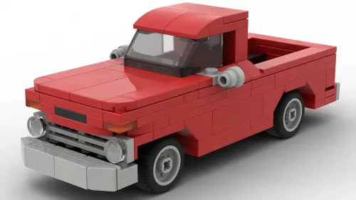 LEGO Chevrolet C10 Pickup 65 scale brick model in red color on white background