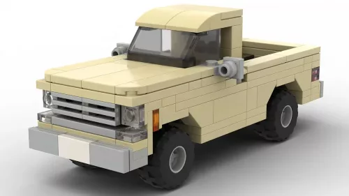 LEGO Chevrolet C10 Pickup 79 scale brick model in tan color on white background