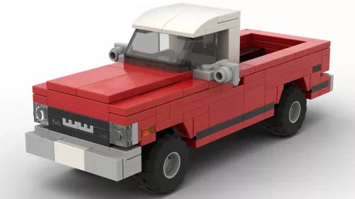 LEGO Chevrolet C20 Pickup 69 scale brick model in red color on white background