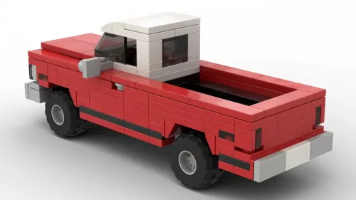 LEGO Chevrolet C20 Pickup 69 scale brick model in red color on white background rear view angle