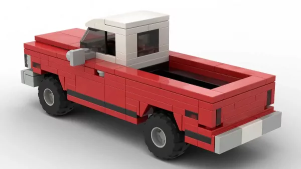 LEGO Chevrolet C20 Pickup 69 scale brick model in red color on white background rear view angle