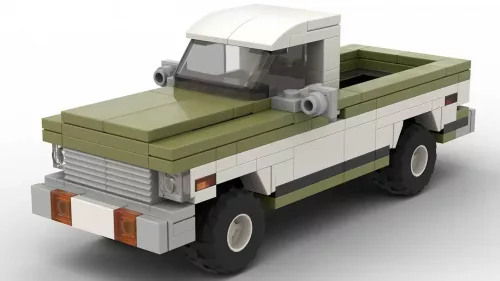 LEGO Chevrolet C20 Pickup 72 scale brick model in two tone dark green and white paint scheme on white background