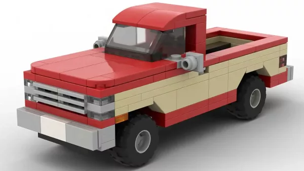 LEGO Chevrolet K10 Silverado 84 scale brick model in two tone red and tan color scheme on white background