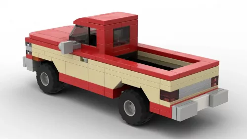 LEGO Chevrolet K10 Silverado 84 scale brick model in two tone red and tan colors scheme on white background rear view angle