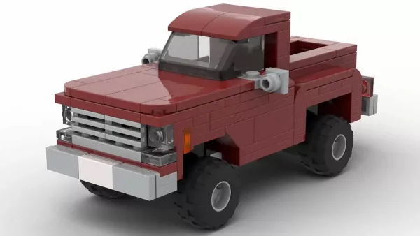 LEGO Chevrolet K10 Stepside 77 scale brick model in dark red color on white background