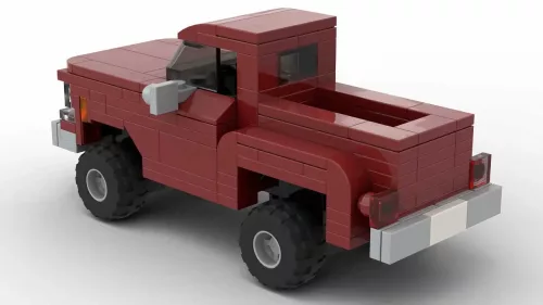 LEGO Chevrolet K10 Stepside 77 scale brick model in dark red color on white background rear view angle