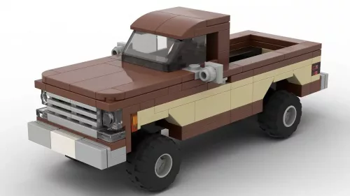 LEGO Chevrolet K20 Cheyenne 79 scale brick model in two tone brown and tan paint scheme on white background