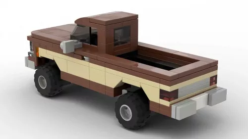 LEGO Chevrolet K20 Cheyenne 79 scale brick model in two tone brown and tan color scheme on white background rear view angle