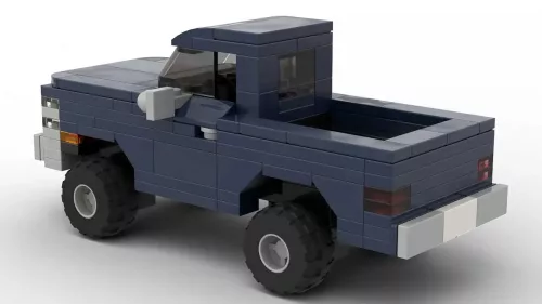 LEGO GMC K1500 Sierra 4x4 86 scale brick model in dark blue color on white background rear view angle