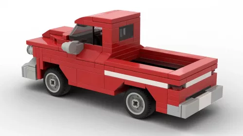 LEGO Chevrolet Apache 1958 scale brick model in red color on white background rear view angle