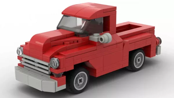 LEGO Chevrolet Pickup 1955 scale brick model in red color on white background