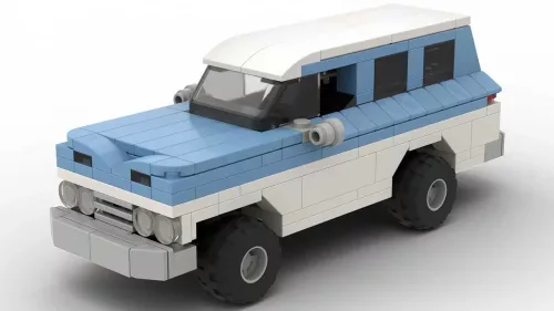 LEGO Chevrolet Suburban 61 scale brick model in two tone blue and white color scheme on white background