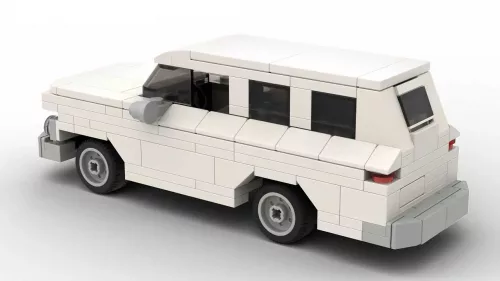 LEGO Chevrolet Suburban 62 scale brick model in white color on white background rear view angle