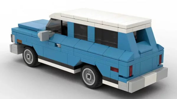 LEGO Chevrolet Suburban 71 scale brick model in blue color on white background rear view angle