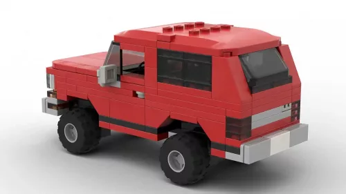 LEGO Dodge Ramcharger 87 scale brick model in red color on white background rear view angle