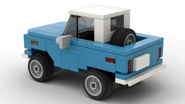 LEGO Ford Bronco 71 Half Cab scale brick model in blue color on white background rear view angle