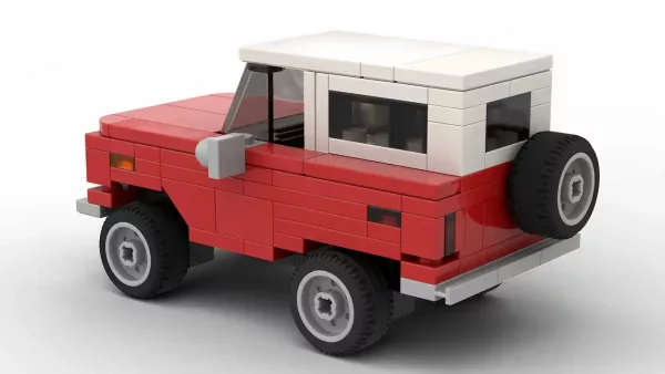 LEGO Ford Bronco 73 scale brick model in red color on white background rear