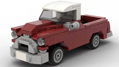 LEGO GMC Pickup 1955 scale brick model in dark red color on white background