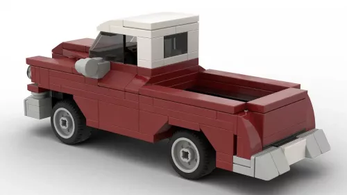 LEGO GMC Pickup 1955 scale brick model in dark red color on white background rear view angle