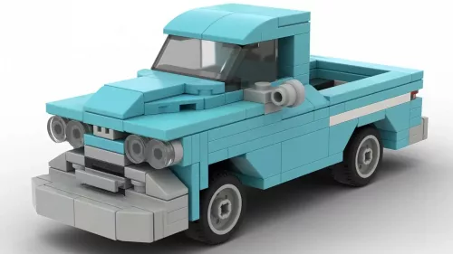 LEGO GMC Pickup 1959 scale brick model in light blue color on white background