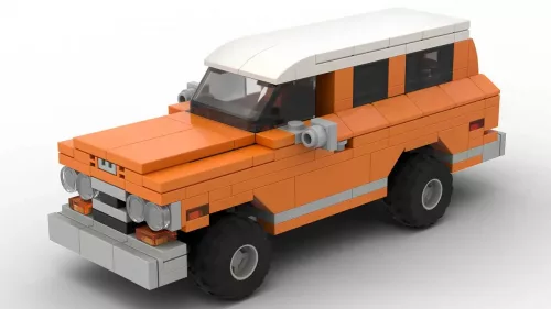 LEGO GMC Suburban 68 scale brick model in orange color on white background