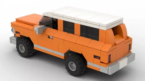 LEGO GMC Suburban 68 scale brick model in orange color on white background rear view angle