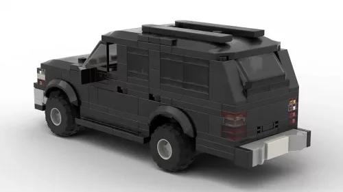 LEGO Chevrolet Suburban 05 scale brick model in black color on white background rear view anlge