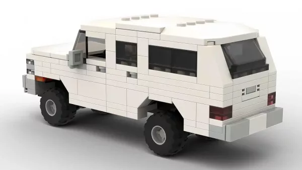 LEGO Chevrolet Suburban 88 scale brick model in white color on white background rear view angle