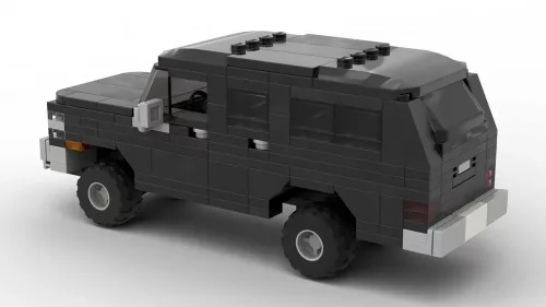 LEGO Chevrolet Suburban 91 scale brick model in black color on white background rear view angle