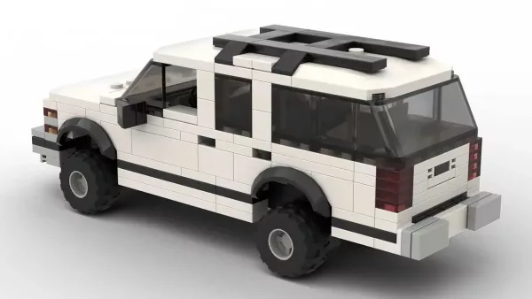 LEGO Chevrolet Suburban 96 scale brick model in white color on white background rear view angle