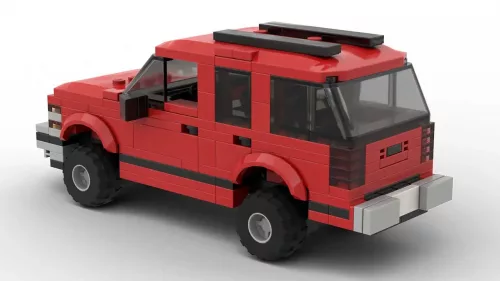 LEGO Chevrolet Tahoe 98 4 door scale brick model in red color on white background rear view angle