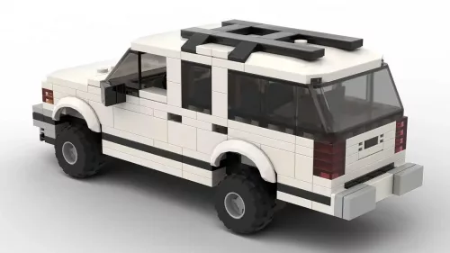 LEGO GMC Suburban 97 scale brick model in white color on white background rear view angle