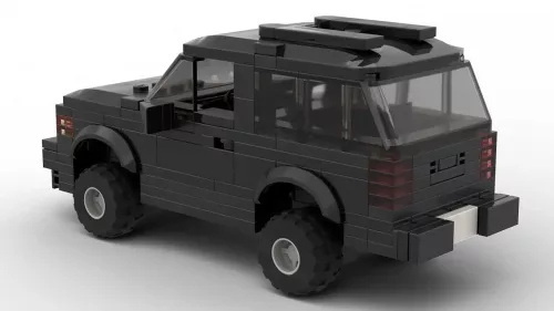 LEGO GMC Yukon GT 95 2door scale brick model in black color on white background rear view angle