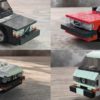 Montage of 4 images featuring 4 LEGO vehicles with custom printed grilles and badges