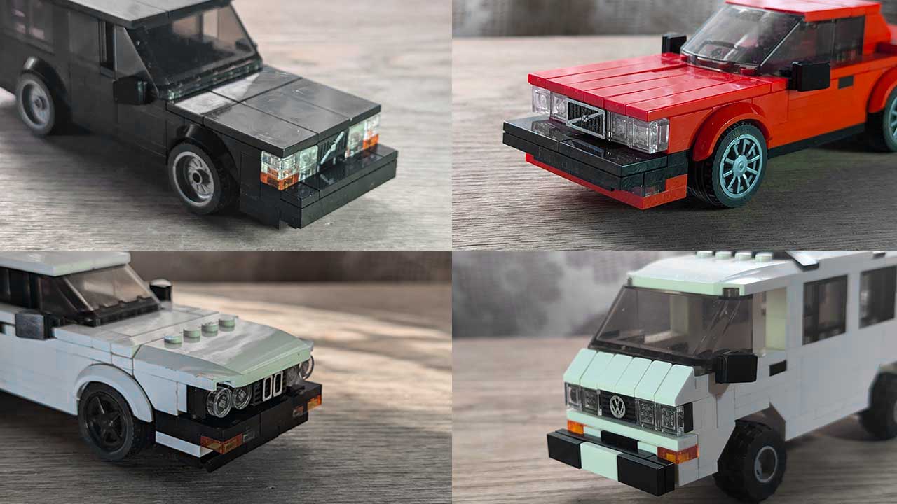 Montage of 4 images featuring 4 LEGO vehicles with custom printed grilles and badges