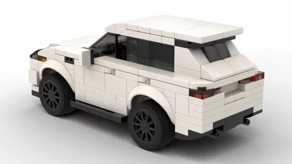 LEGO Jaguar F Pace 22 scale brick model in white color on white background rear view angle