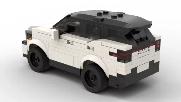 LEGO Kia Sportage 23 scale brick model in white color on white background rear view angle