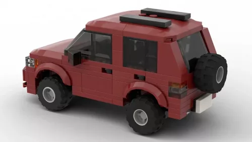 LEGO Kia Sportage 98 scale brick model in dark red color on white background rear view angle