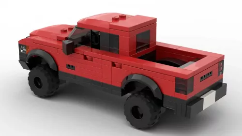 LEGO Ram Rebel 17 scale brick model in red color on white background rear view angle