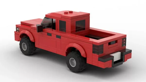 LEGO Dodge Dakota 01 scale brick model in red color on white background rear view angle