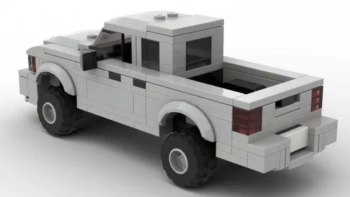 LEGO Dodge Dakota 05 scale brick model in gray color on white background rear view angle