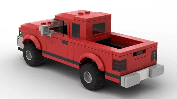 LEGO Dodge Dakota 95 scale brick model in red color on white background rear view angle