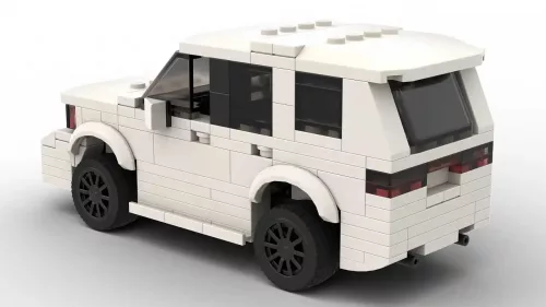 LEGO Dodge Durango 17 scale brick model in white color on white background rear view angle