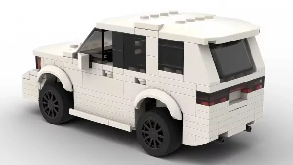 LEGO Dodge Durango 17 scale brick model in white color on white background rear view angle