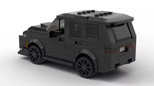 LEGO Dodge Durango SRT 21 scale brick model in black color on white background rear view angle