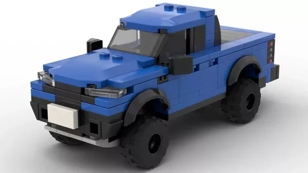 LEGO Ford Ranger Raptor 21 EU scale brick model in blue color on white background