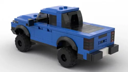 LEGO Ford Ranger Raptor 21 EU scale brick model in blue color on white background rear view angle