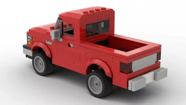 LEGO Ford Ranger XLT 91 scale brick model in red color on white background rear view angle